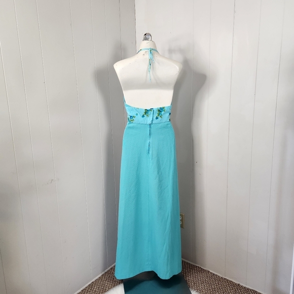 Vintage Blue Floral Halter Maxi Dress 60s 70s Boho Bohemian Hippie Romantic - Picture 2 of 10
